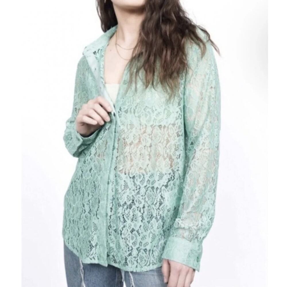 Wildfang Empower Lace Button Up Shirt Womens Small Green Sheer Floral NWT